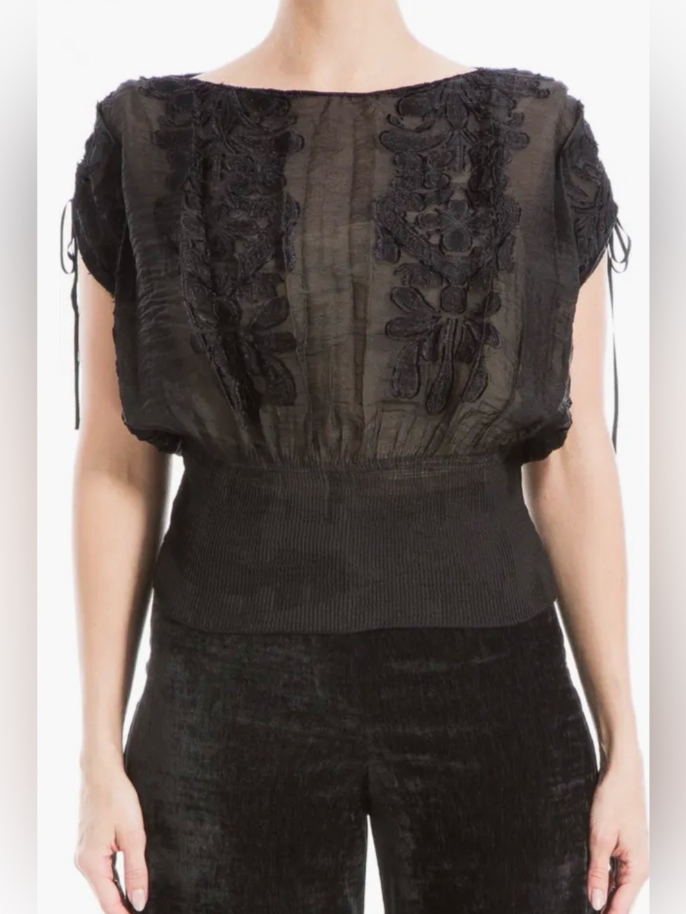 Floral Jacquard Tie Shoulder Top
